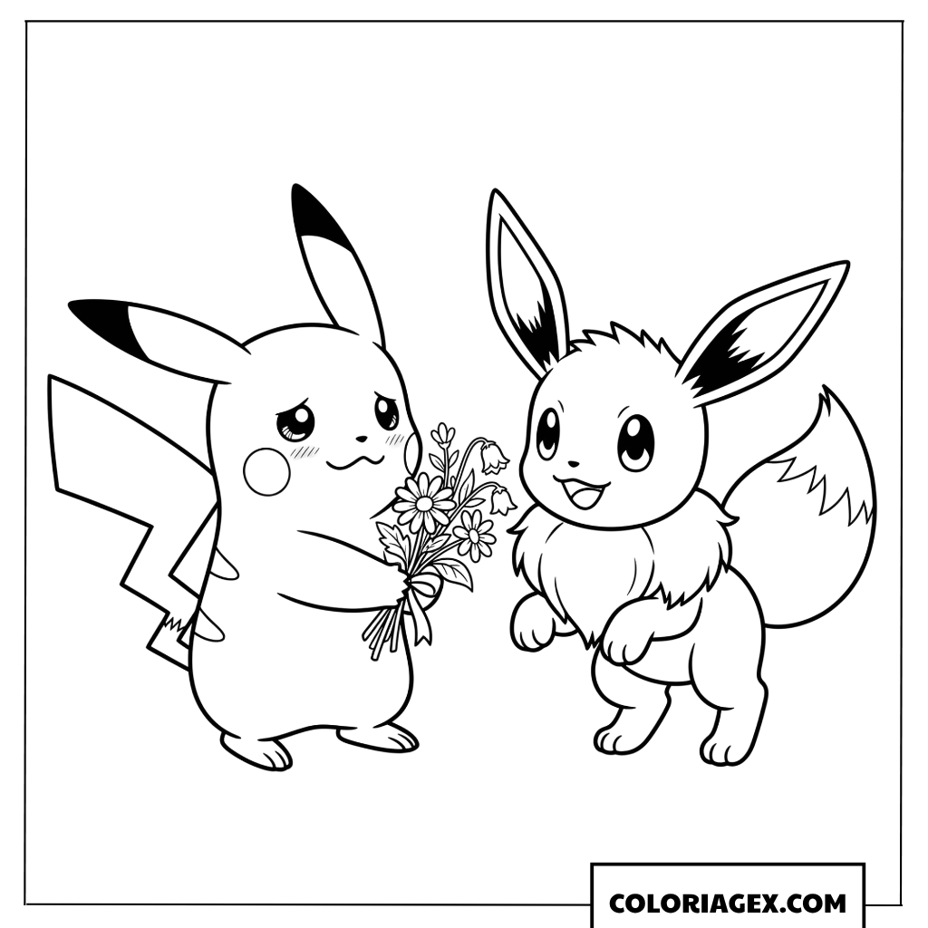 Dessin de Pikachu offrant un bouquet de fleurs sauvages à Eevee