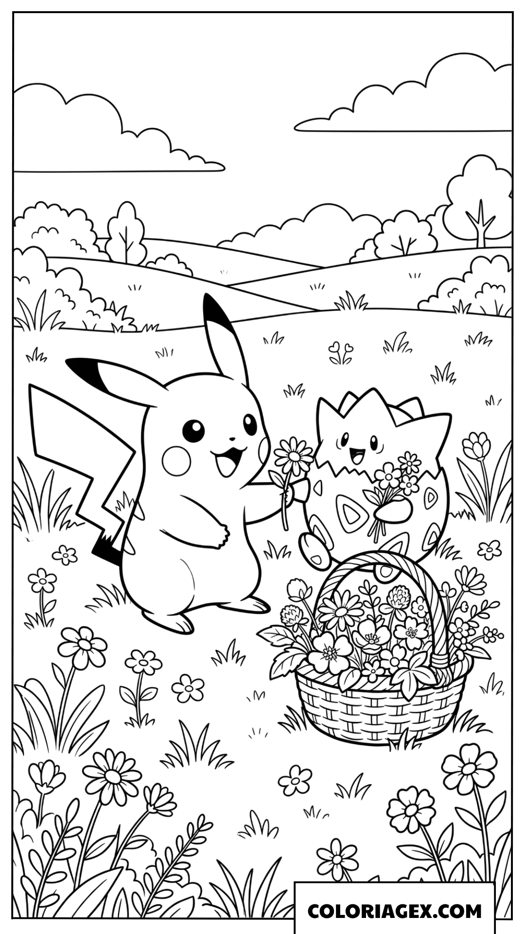 Dessin de Pikachu offrant une fleur à Togepi avec un panier fleuri