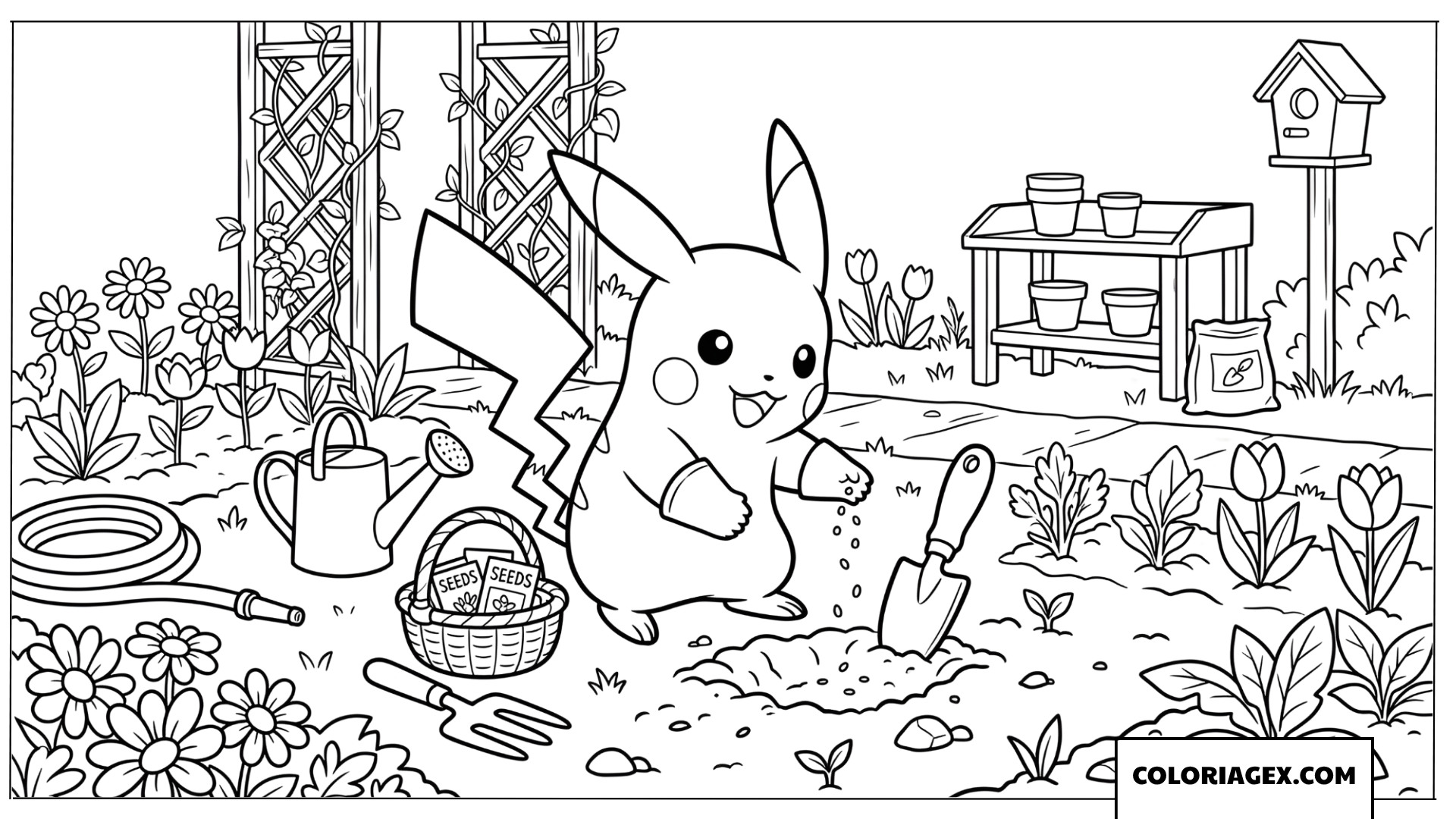Dessin de Pikachu plantant des graines dans un jardin potager fleuri