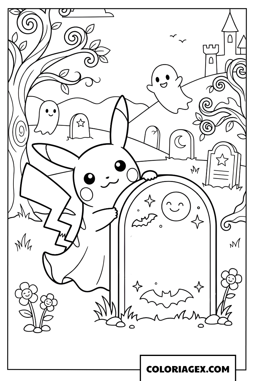Dessin de Pikachu près d'une pierre tombale dans un cimetière hanté
