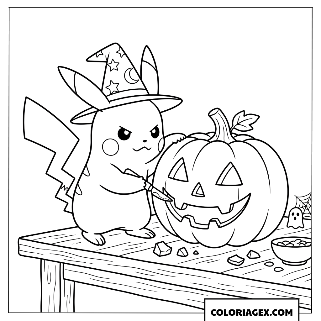Dessin de Pikachu sorcier sculptant une citrouille effrayante