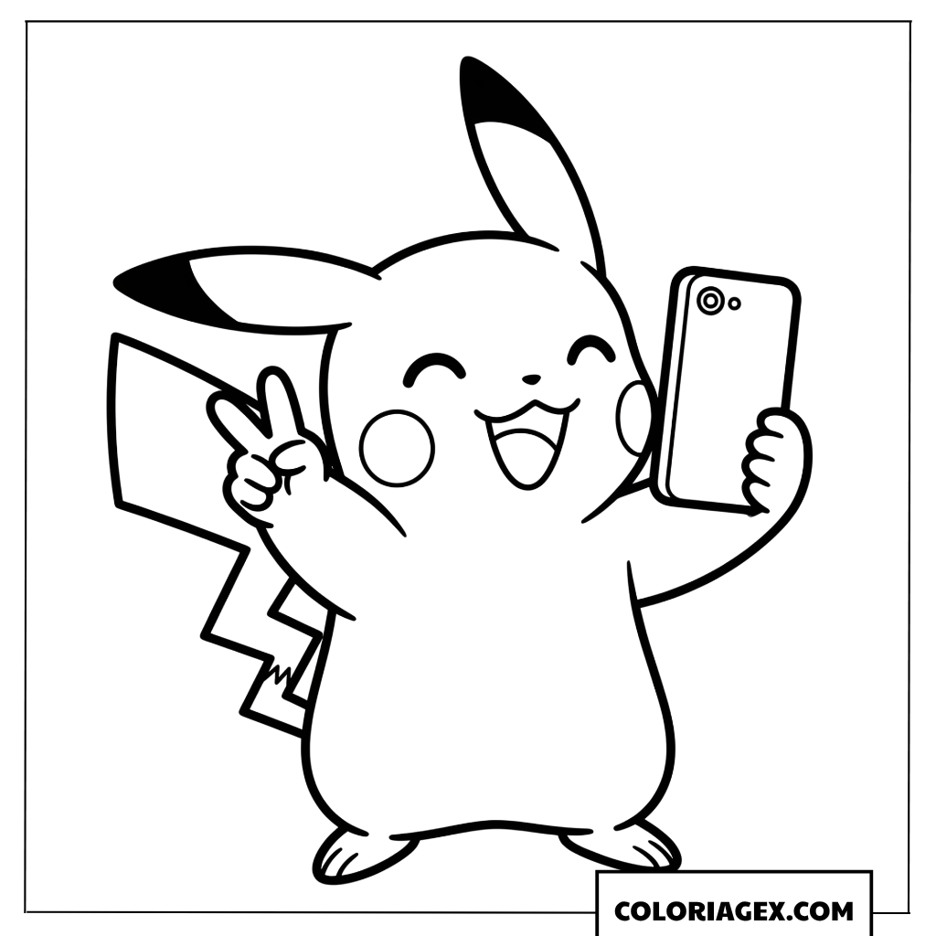 Dessin de Pikachu souriant prenant un selfie avec son smartphone