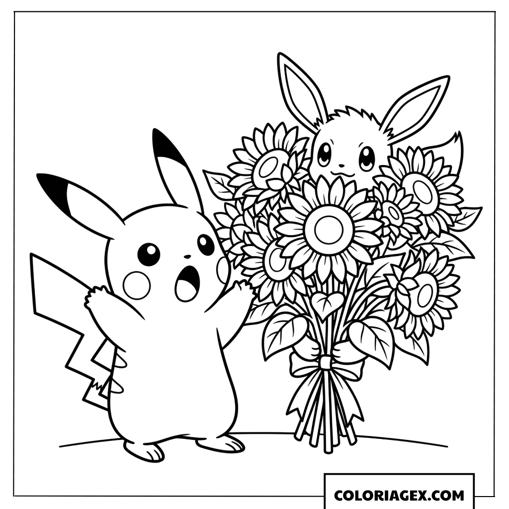 Dessin de Pikachu surpris par un bouquet de tournesols géant