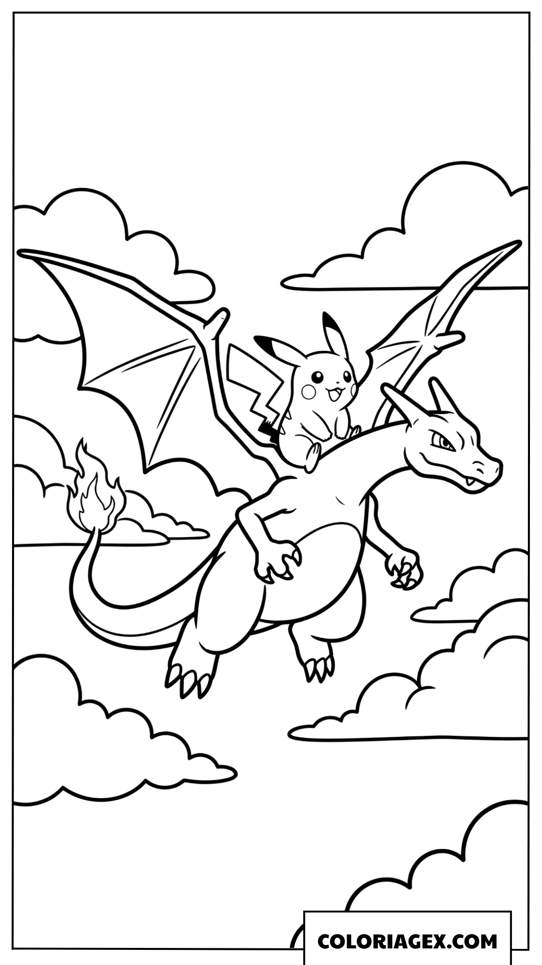 Dessin de Pikachu voyageant sur le dos de Dracaufeu dans les nuages
