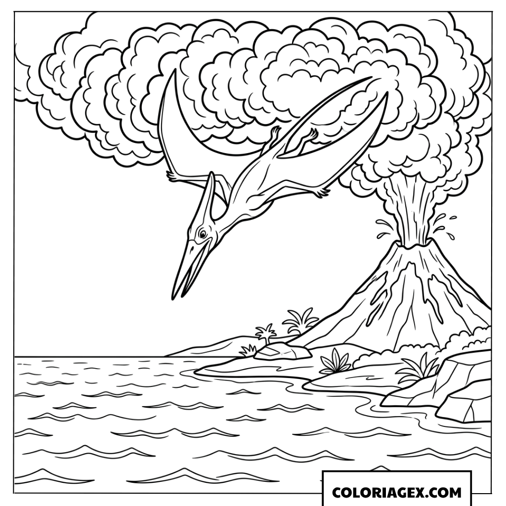 Dessin de Pterodactyle volant vers la mer et grand volcan