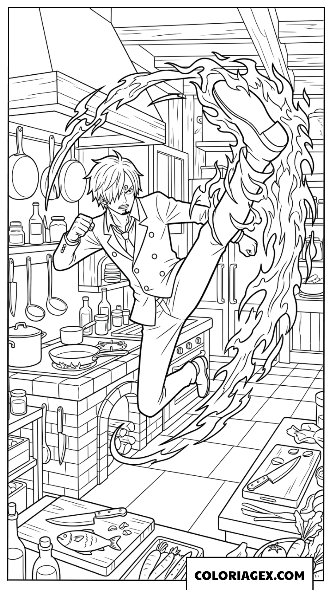Dessin de Sanji utilisant sa jambe a feu dans la cuisine