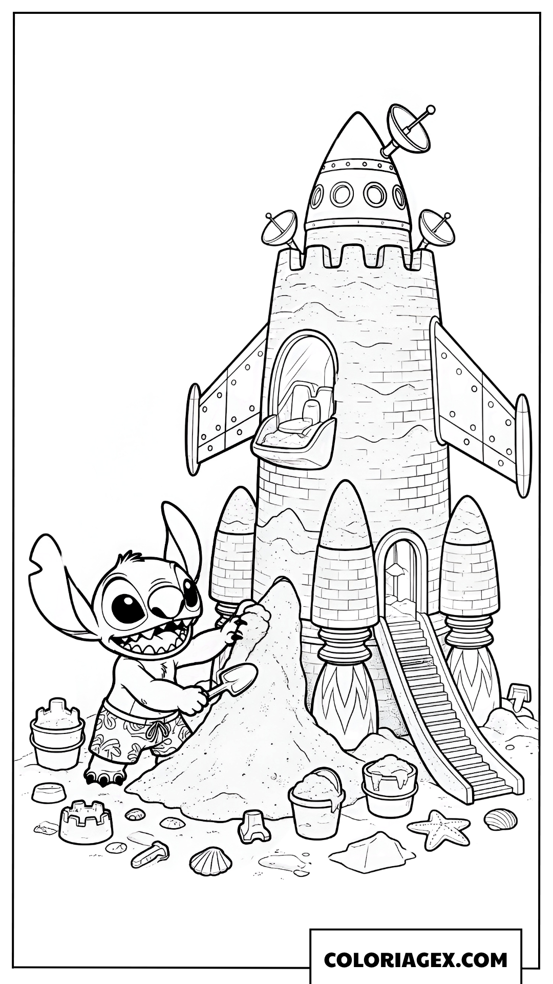Dessin de Stitch Construisant un Vaisseau Spatial en Sable
