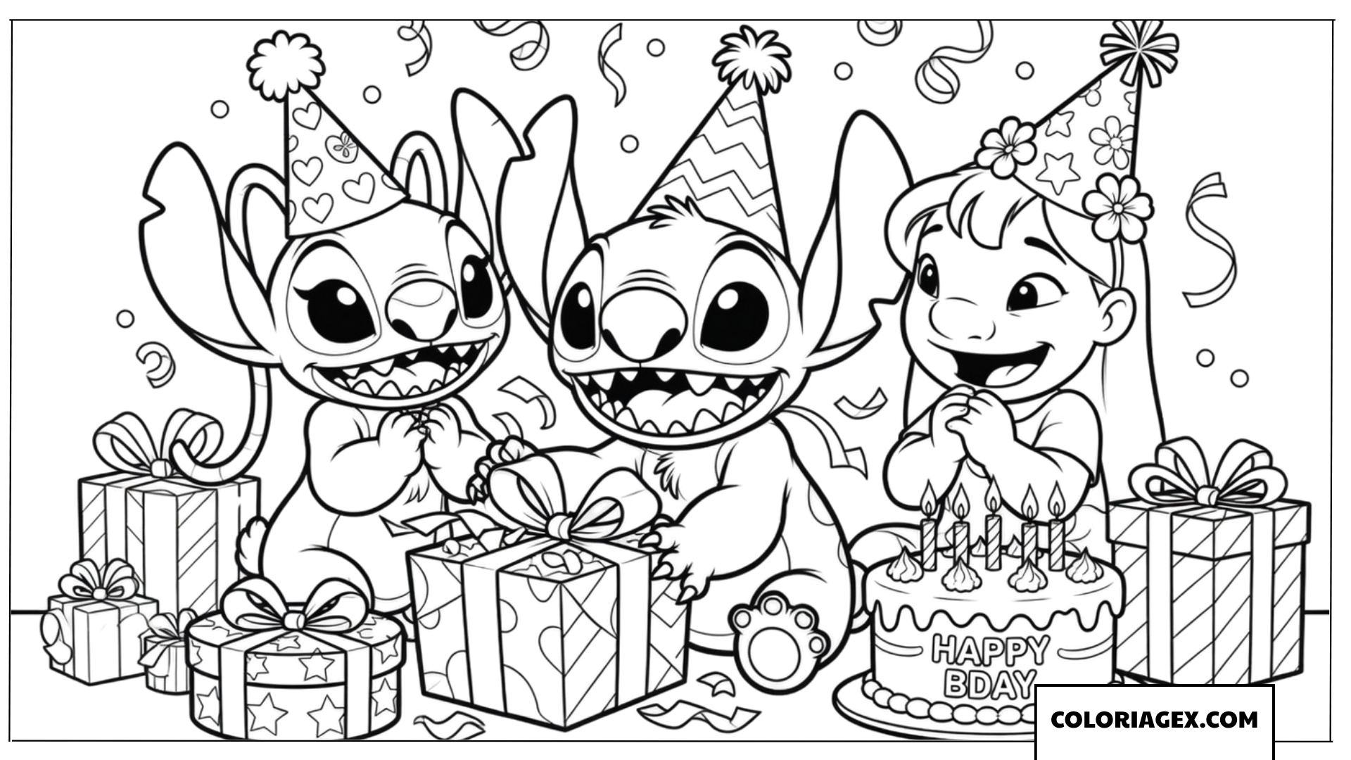 Dessin de Stitch avec Angel et Lilo ouvrant avec enthousiasme des cadeaux