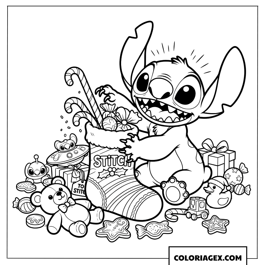 Dessin de Stitch avec sa chaussette remplie de bonbons