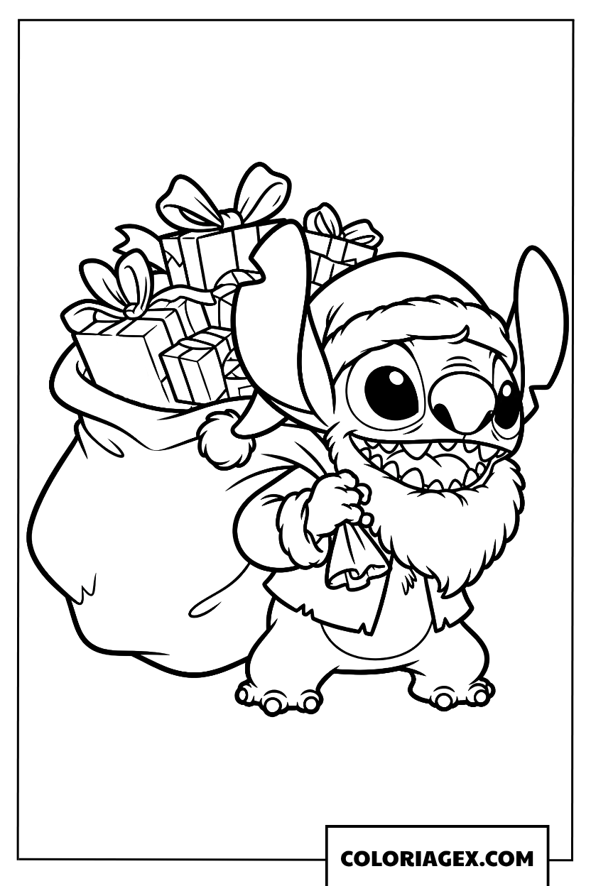 Dessin de Stitch avec une fausse barbe et un sac de cadeaux