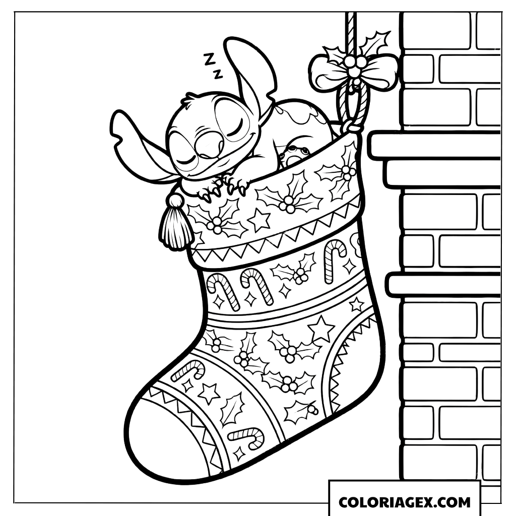 Dessin de Stitch dormant dans une chaussette de Noël