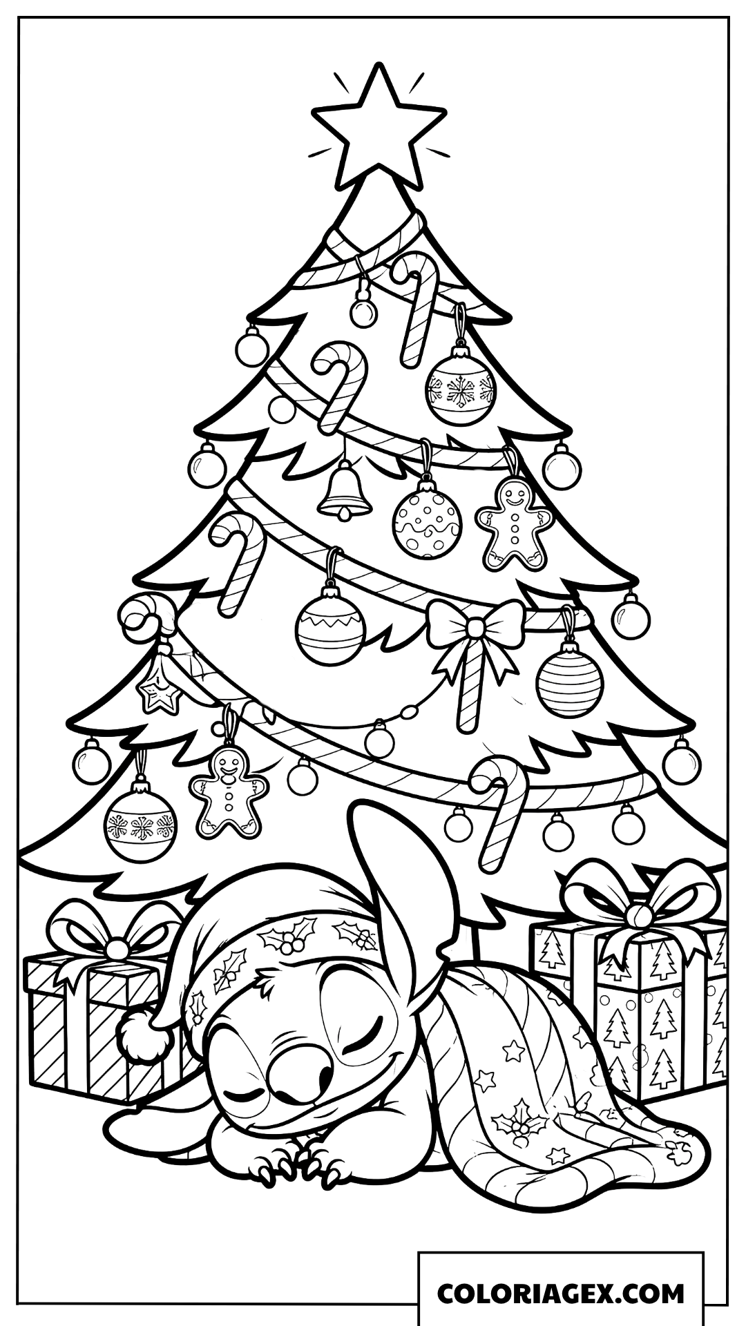Dessin de Stitch dormant paisiblement sous le sapin de Noël