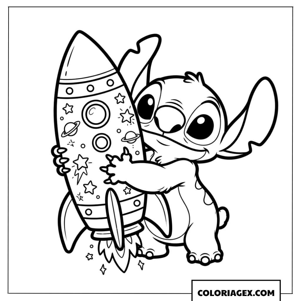 Dessin de Stitch embrassant une fusée spatiale étoilée