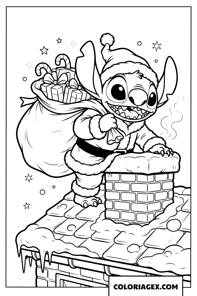 Dessin de Stitch en Père Noël sur le toit avec sa hotte