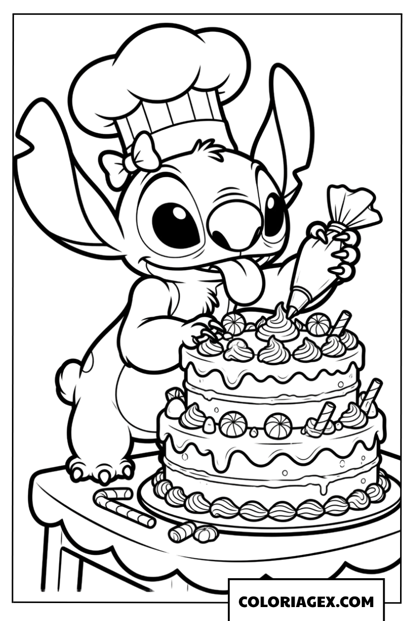 Dessin de Stitch en chef cuisinier décorant un gâteau d'anniversaire