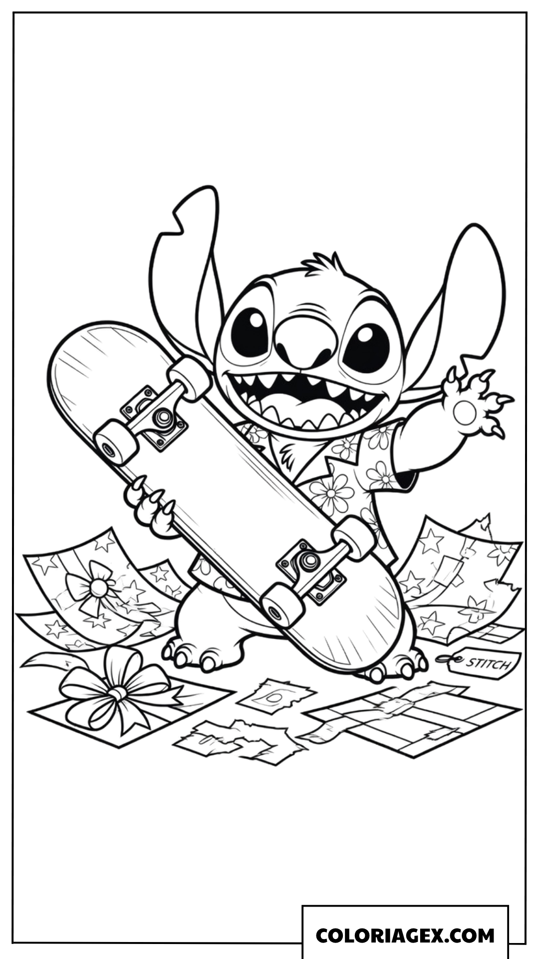 Dessin de Stitch en chemise à fleurs recevant un skateboard en cadeau