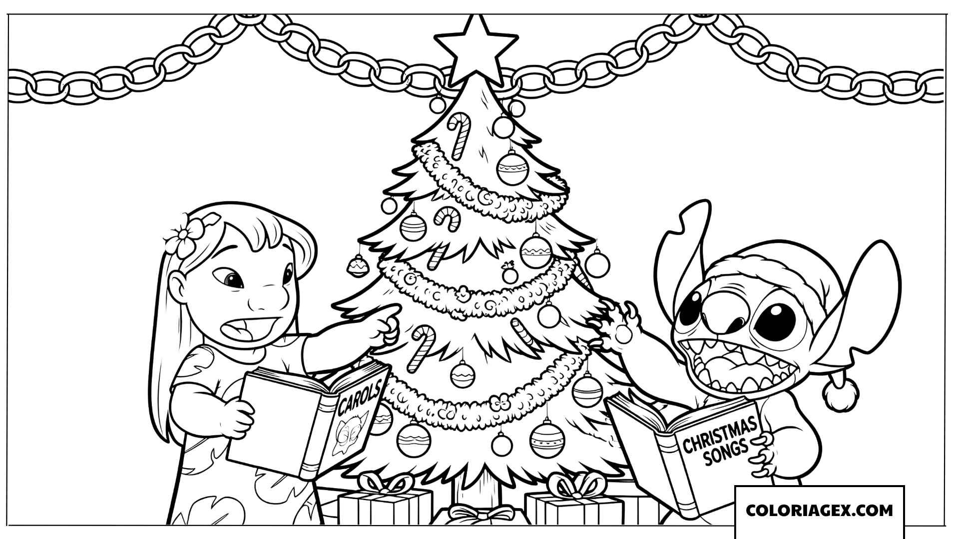 Dessin de Stitch et Lilo chantant des chansons de Noël