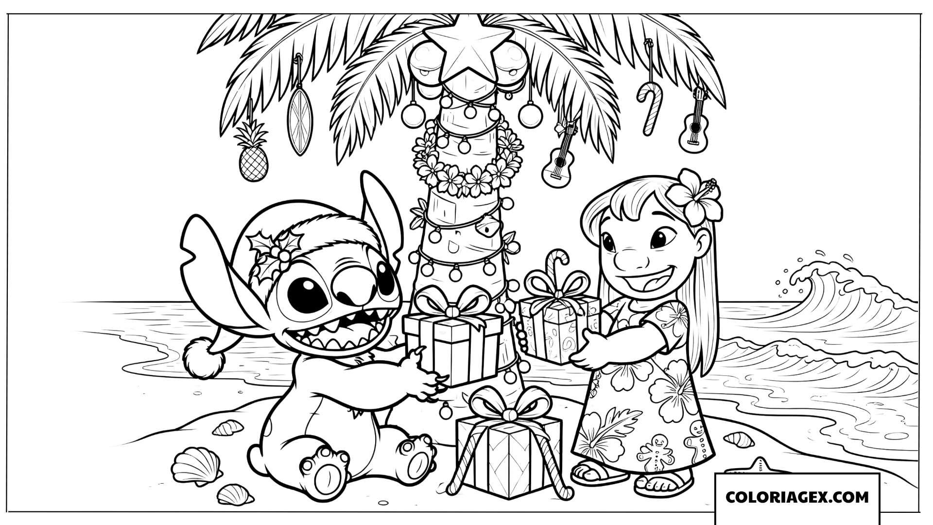 Dessin de Stitch et Lilo échangeant des cadeaux sur la plage