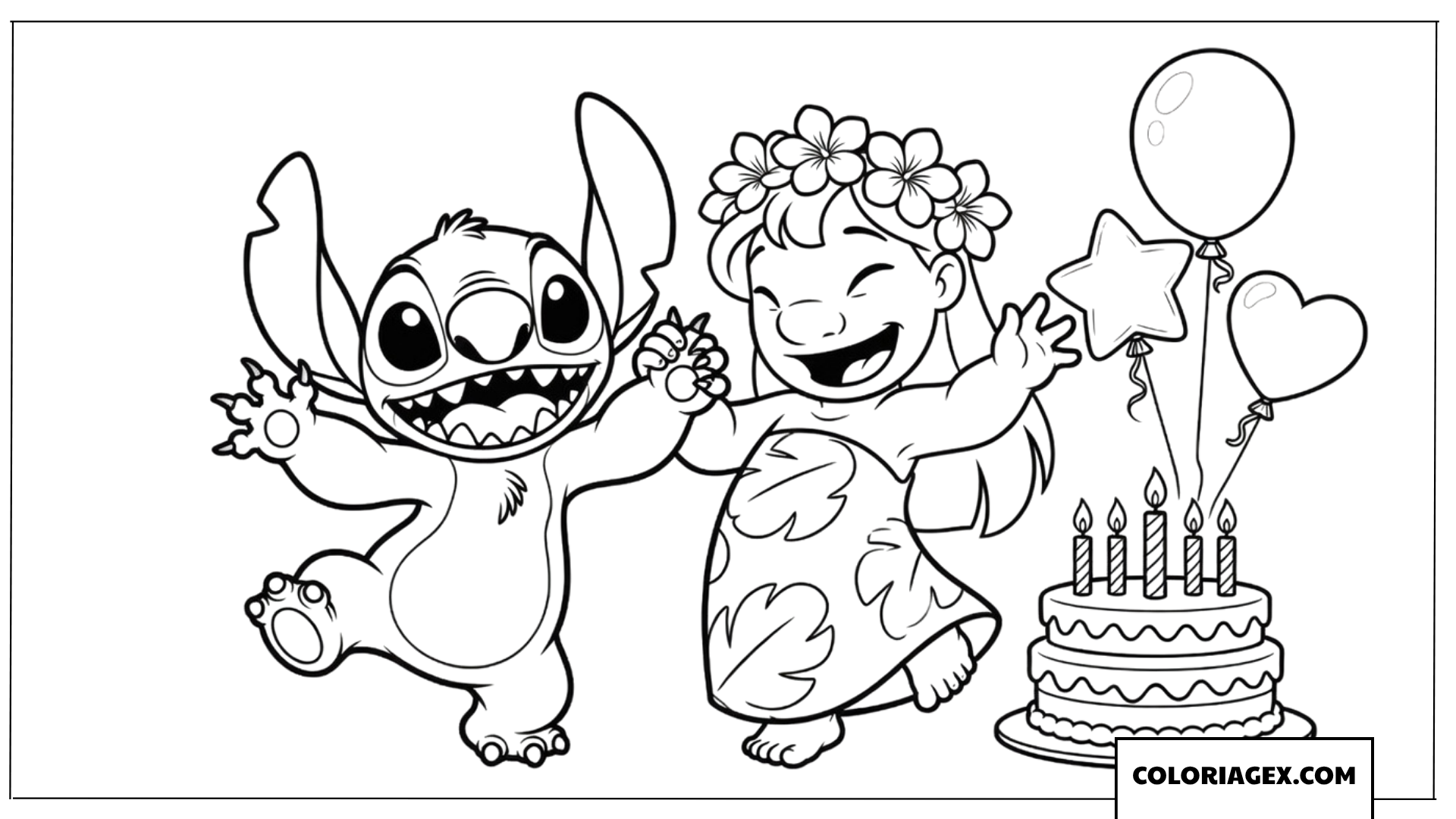 Dessin de Stitch et Lilo se tenant la main pour un joyeux anniversaire