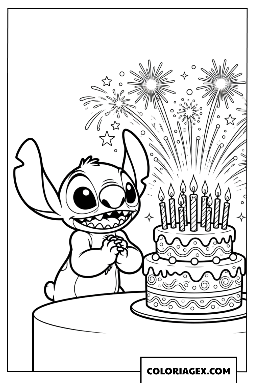 Dessin de Stitch faisant un vœu avec son gâteau et des feux d'artifice
