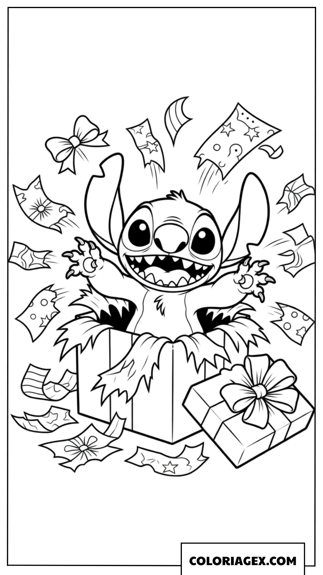 Dessin de Stitch faisant une surprise en sortant d'une grande boîte