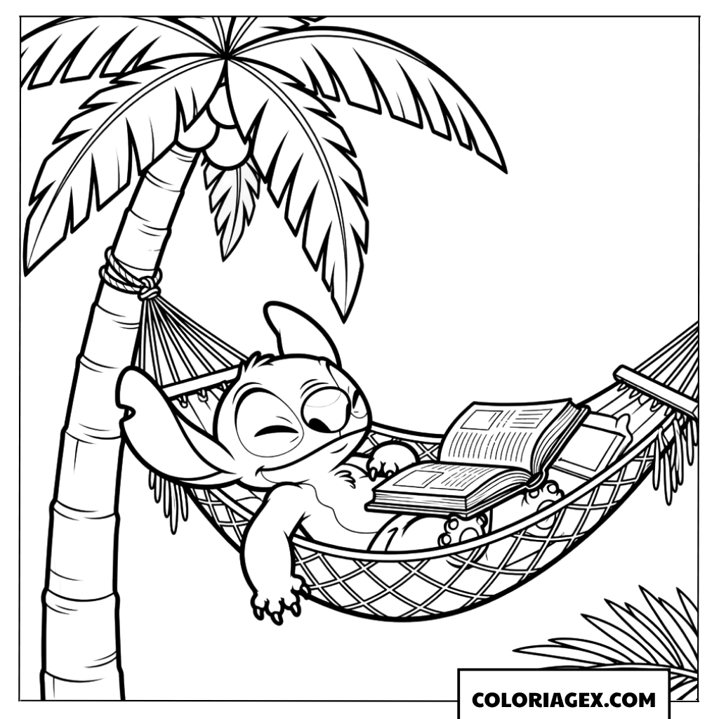 Dessin de Stitch se relaxant sur un hamac sous un cocotier