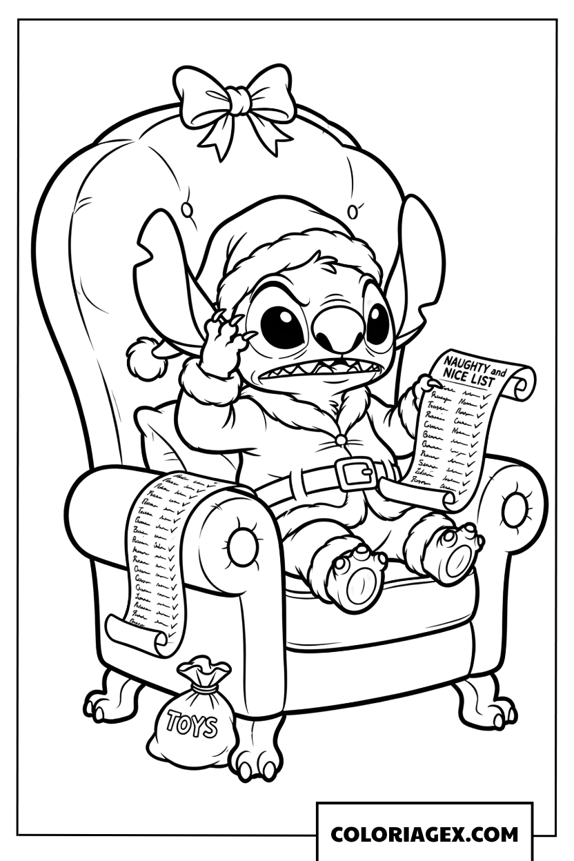 Dessin de Stitch sur son fauteuil vérifiant la liste de Noël