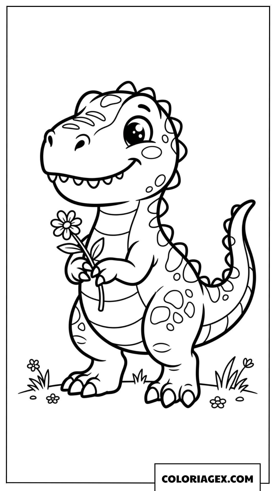 Dessin de bebe T-Rex mignon tenant une petite fleur a colorier