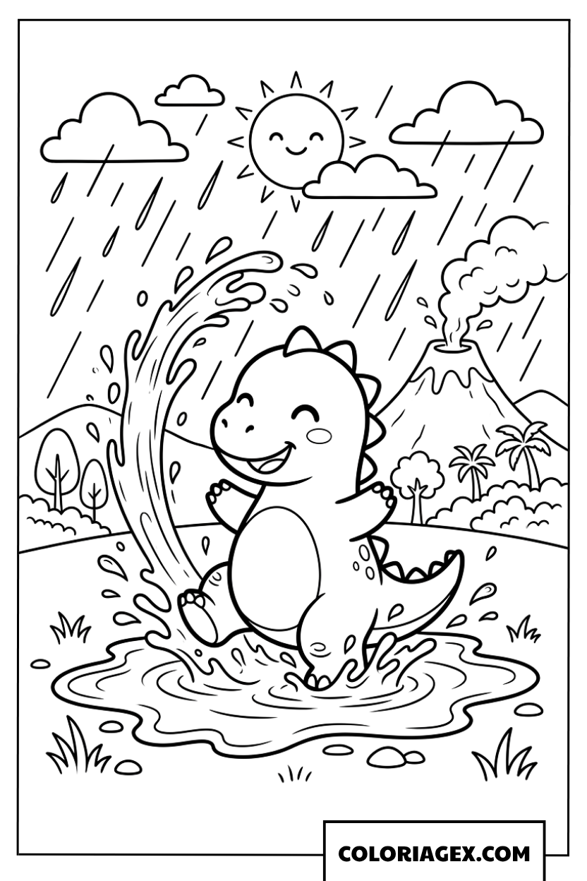 Dessin de bébé dinosaure jouant sous la pluie près du volcan