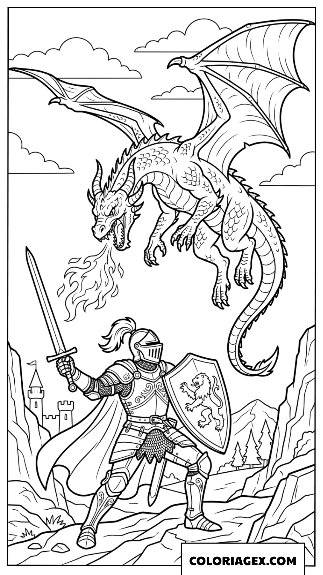 Dessin de chevalier avec bouclier de lion face au dragon dans la montagne