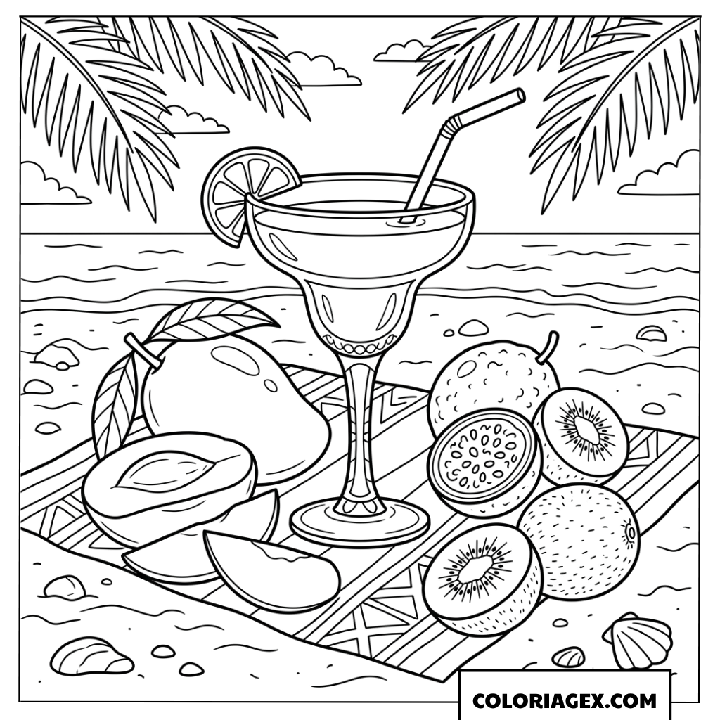 Dessin de cocktail Daiquiri et fruits tropicaux sur la plage