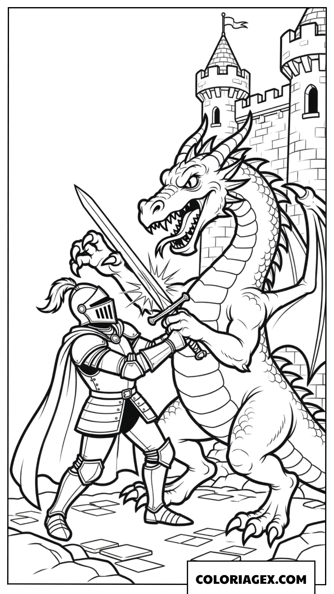 Dessin de combat intense entre chevalier et dragon devant le chateau