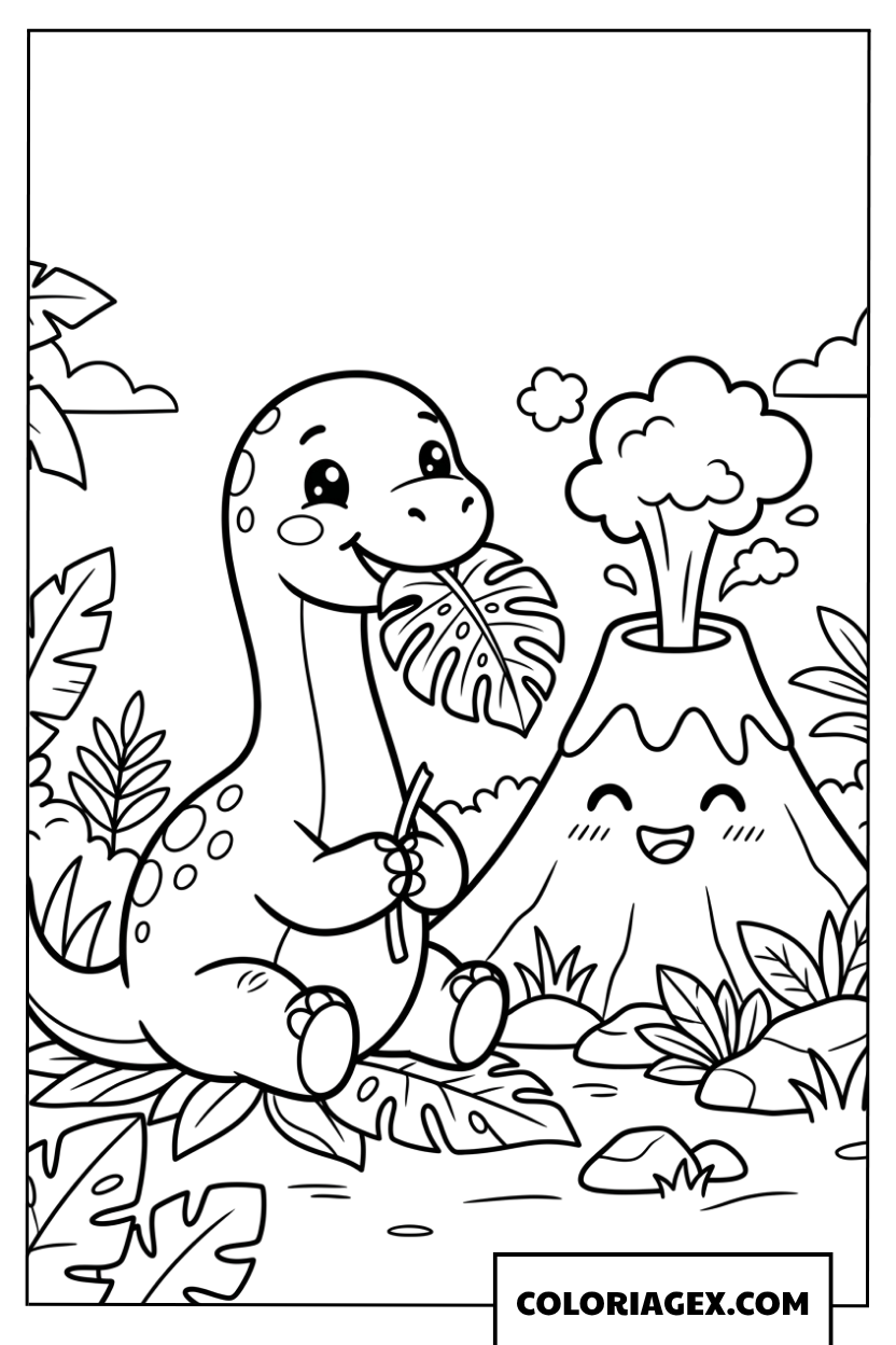 Dessin de dinosaure au long cou et petit volcan joyeux