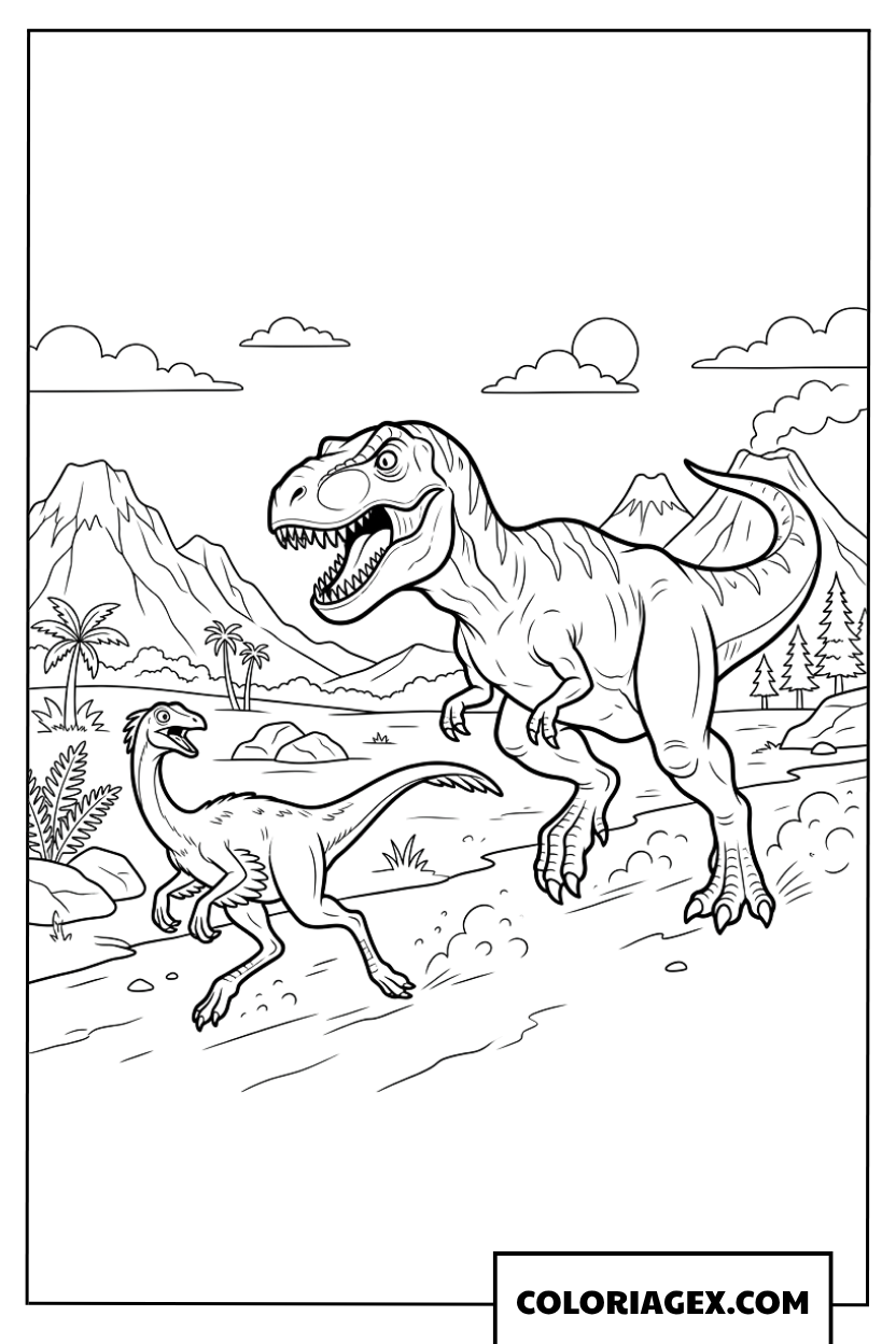 Dessin de grand T Rex poursuivant un petit dinosaure agile a colorier
