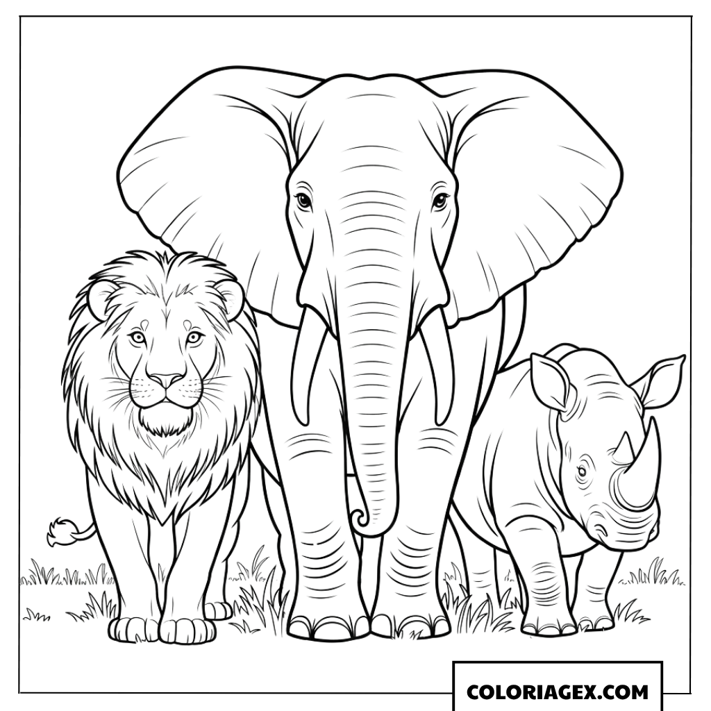 Dessin de l amitie entre un lion un elephant et un rhinocéros