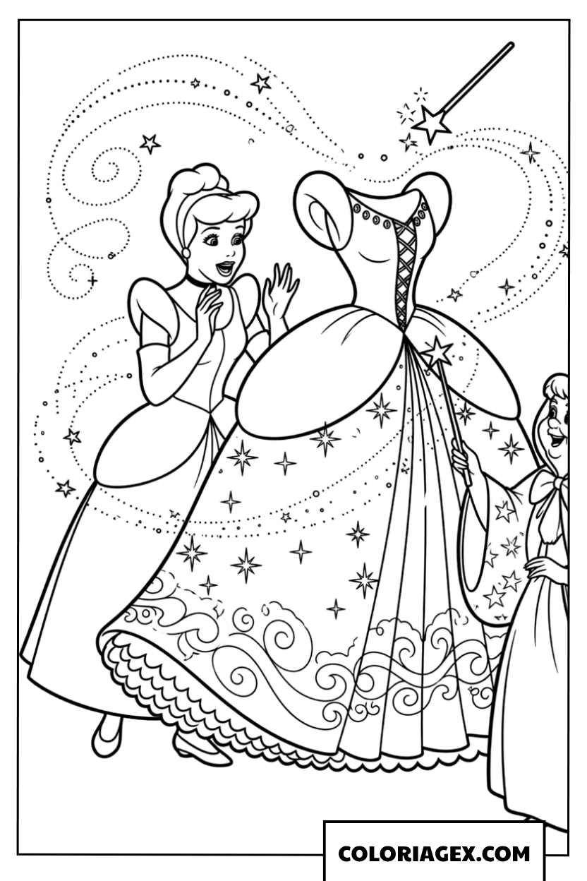 Dessin de la Fée marraine créant une robe magique pour Cendrillon