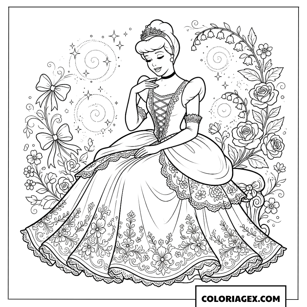 Dessin de la Princesse Cendrillon assise parmi les roses et les muguets