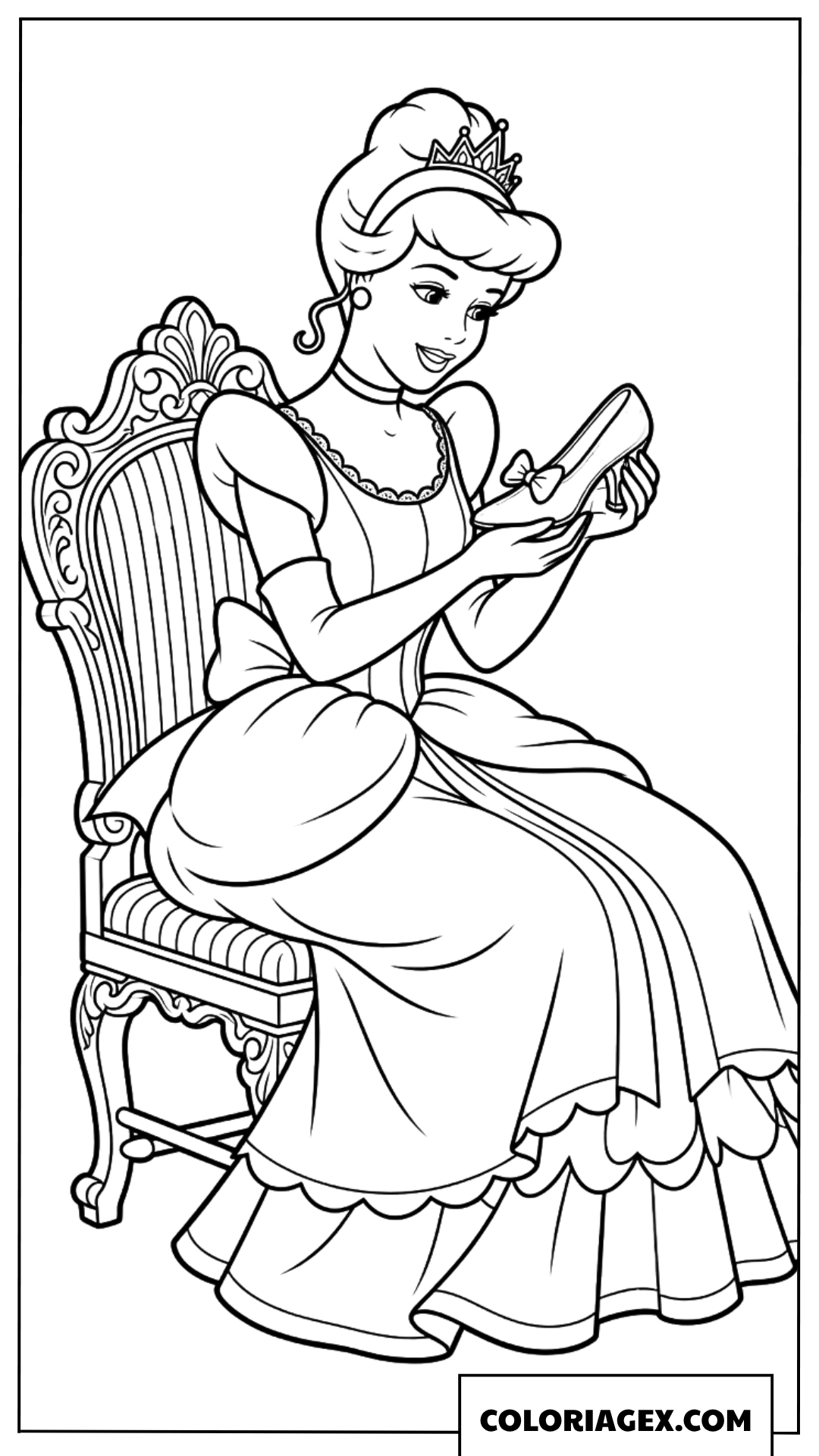 Dessin de la Princesse Cendrillon assise sur une chaise admirant sa chaussure de verre