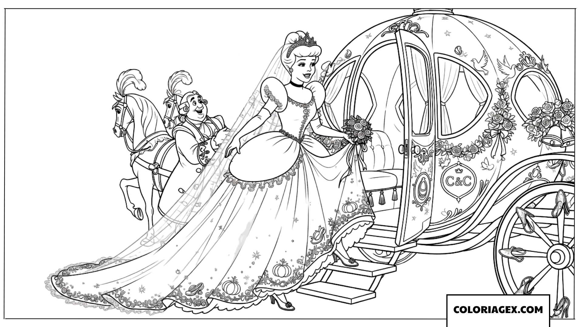 Dessin de la Princesse Cendrillon en robe de mariée montant dans le carrosse