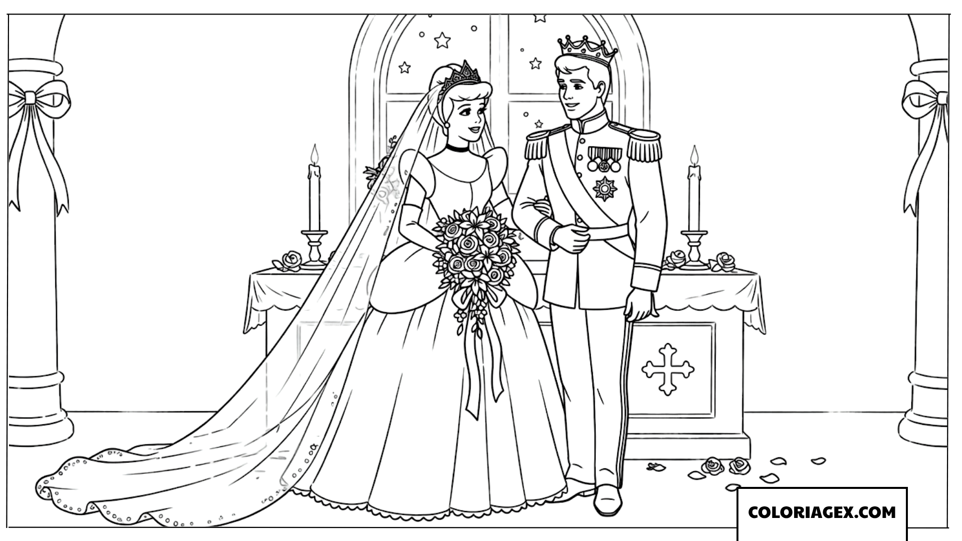 Dessin de la cérémonie de mariage de Cendrillon et du Prince à l'autel