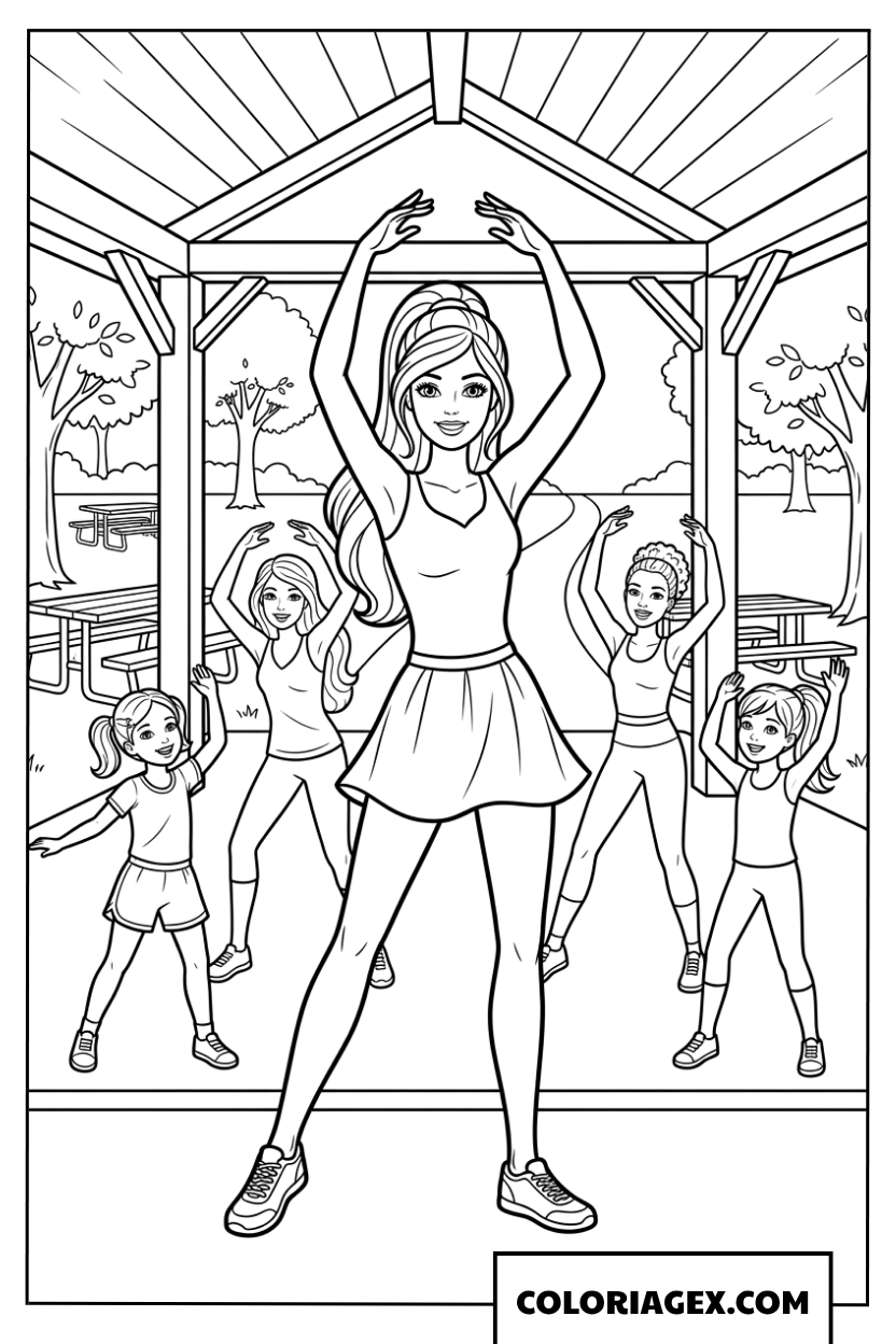 Dessin de la danseuse Barbie animant un cours de danse en plein air