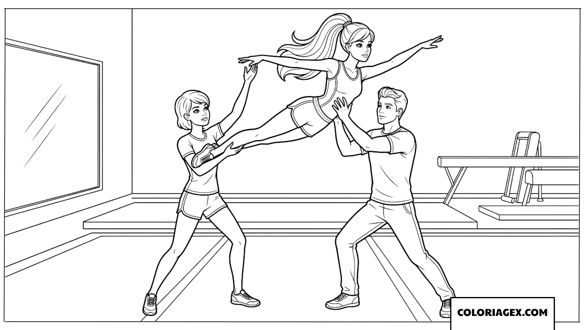 Dessin de la danseuse Barbie portée par ses partenaires de danse