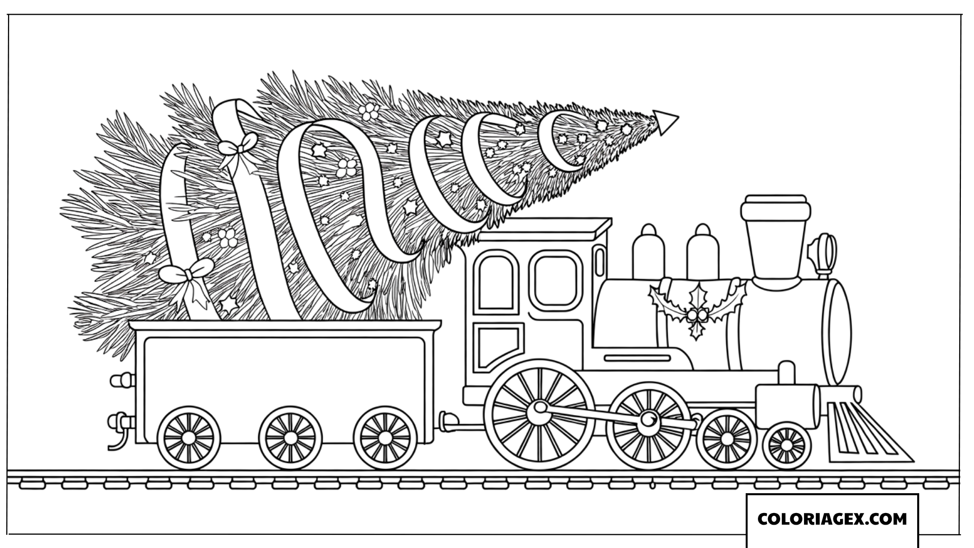 Dessin de la locomotive transportant un grand sapin de Noël