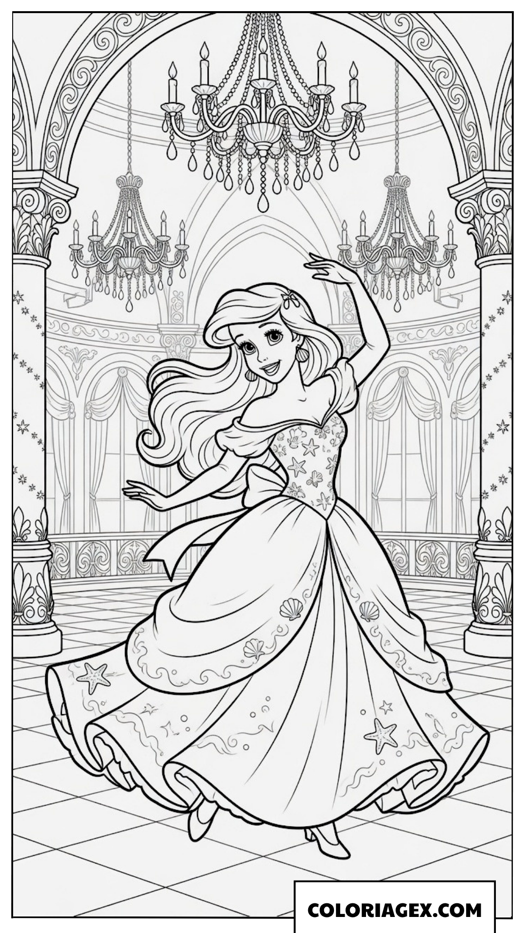 Dessin de la princesse Ariel dansant dans un palais splendide