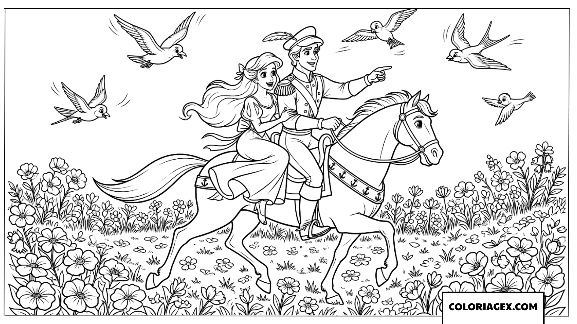 Dessin de la princesse Ariel et du prince Éric à cheval