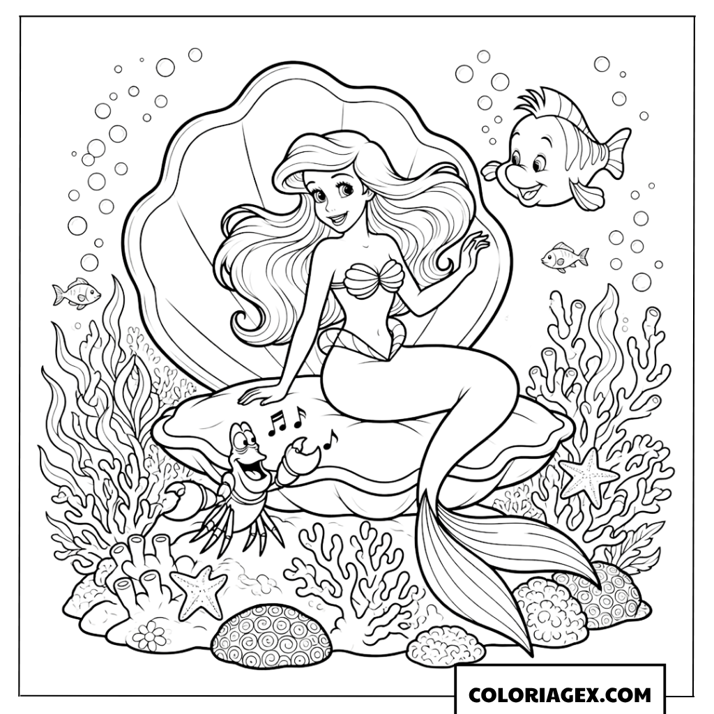 Dessin de la sirène Ariel assise sur un coquillage géant