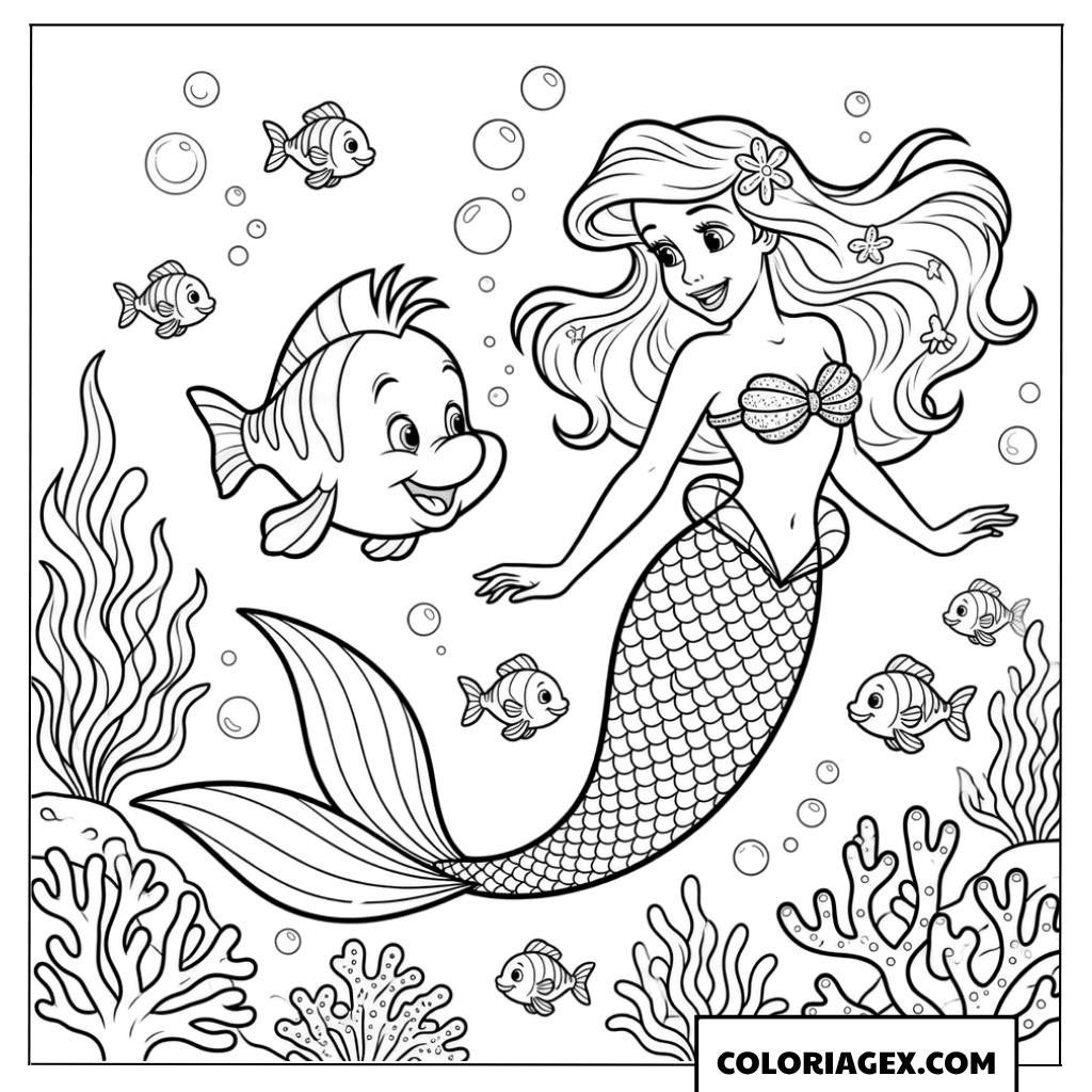 Dessin de la sirène Ariel et Polochon nageant joyeusement