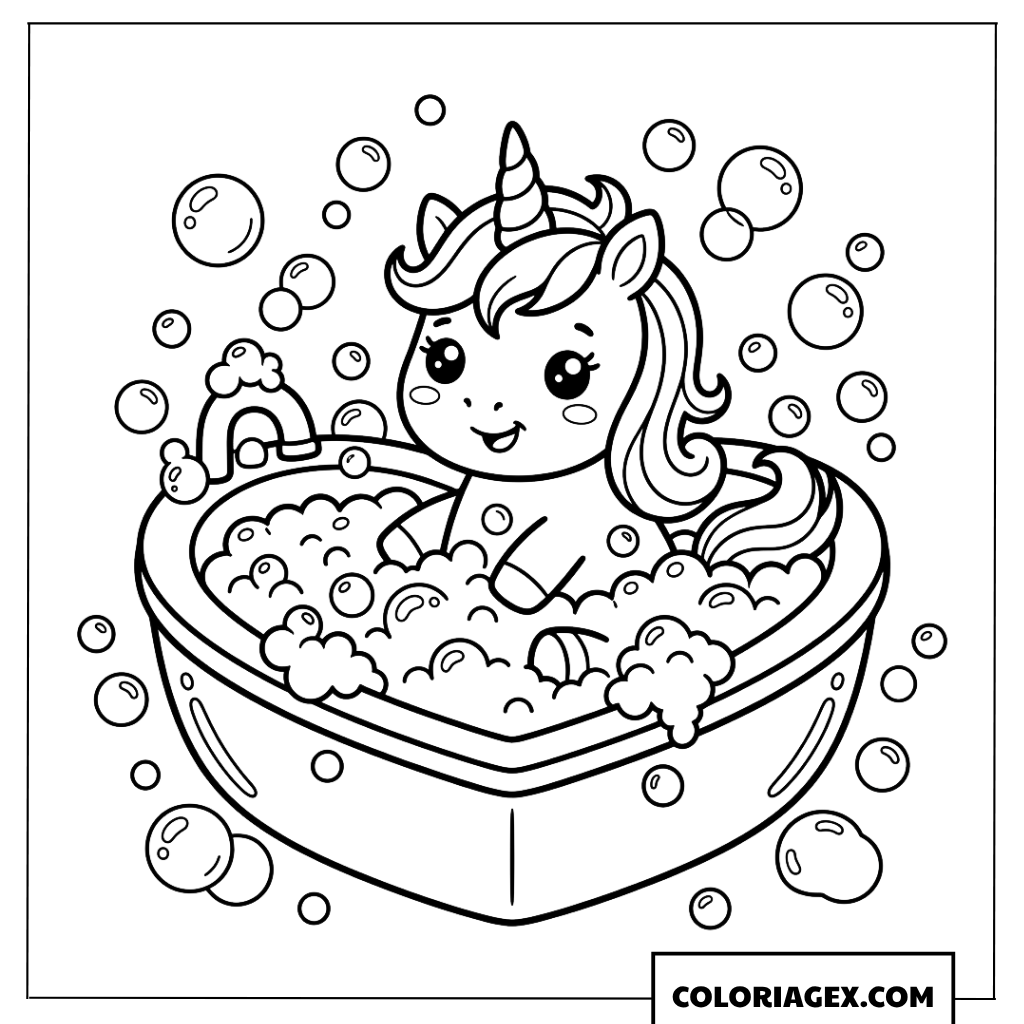 Dessin de licorne s'amusant dans un bain de bulles de savon