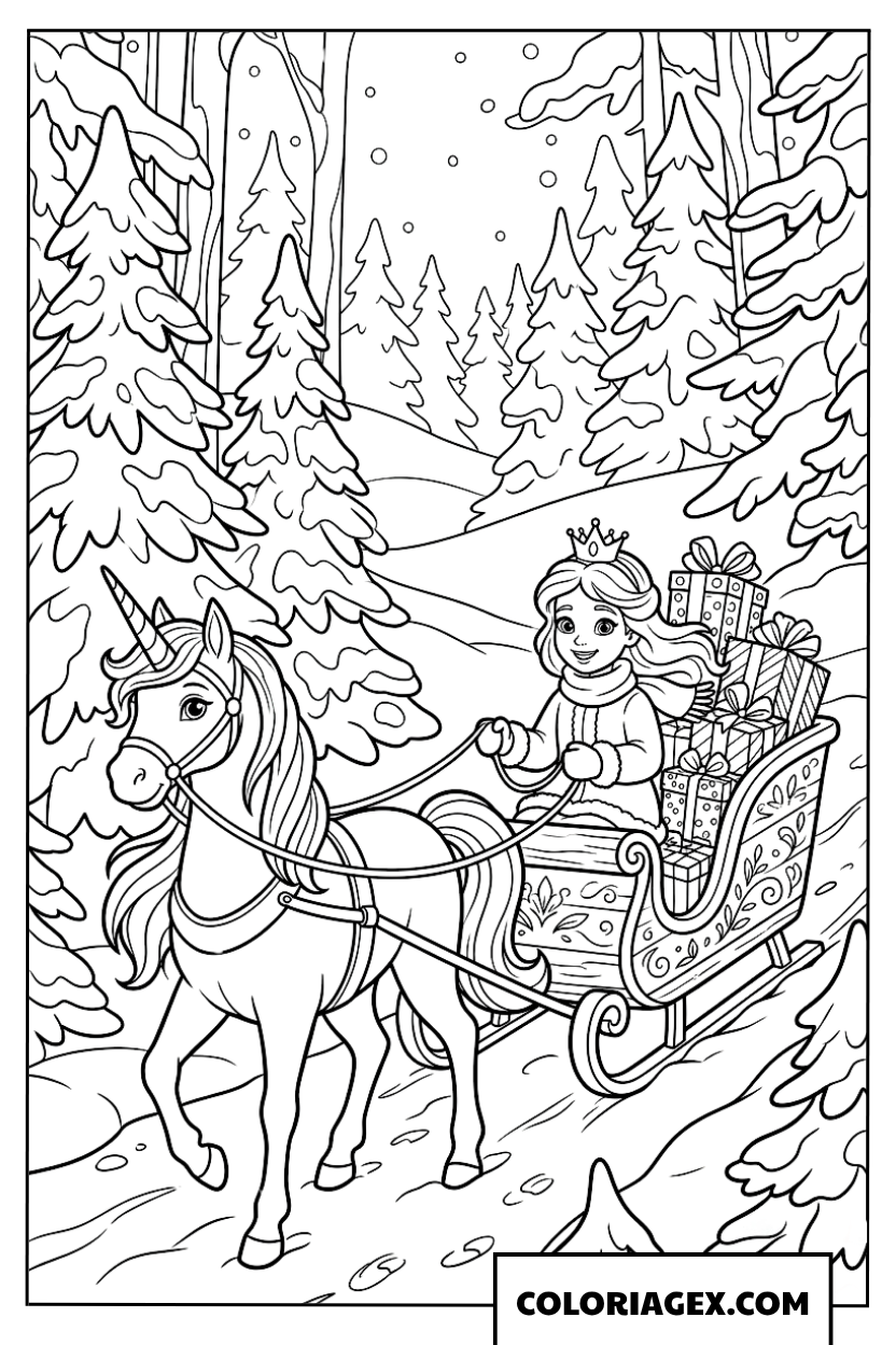 Dessin de licorne tirant un traineau avec princesse et cadeaux à colorier