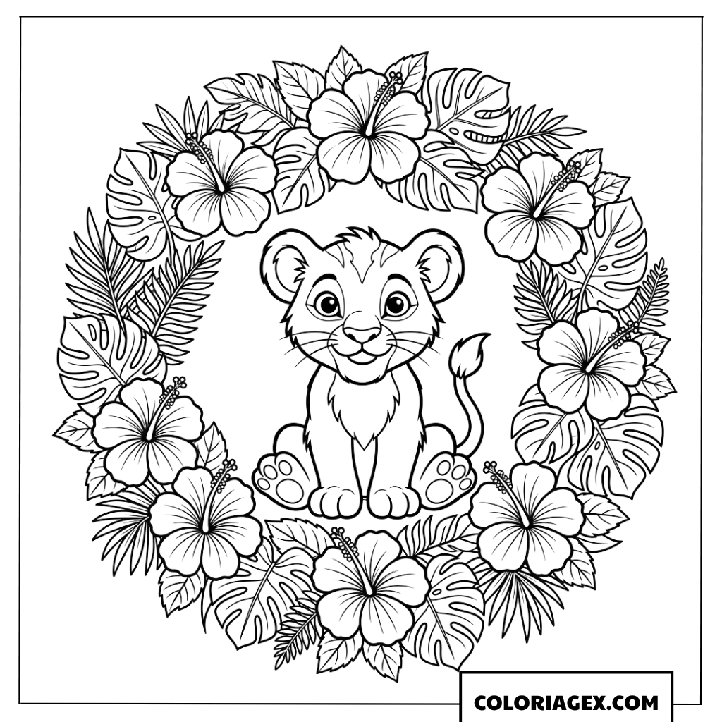 Dessin de lionceau charmant dans une couronne de fleurs de hibiscus